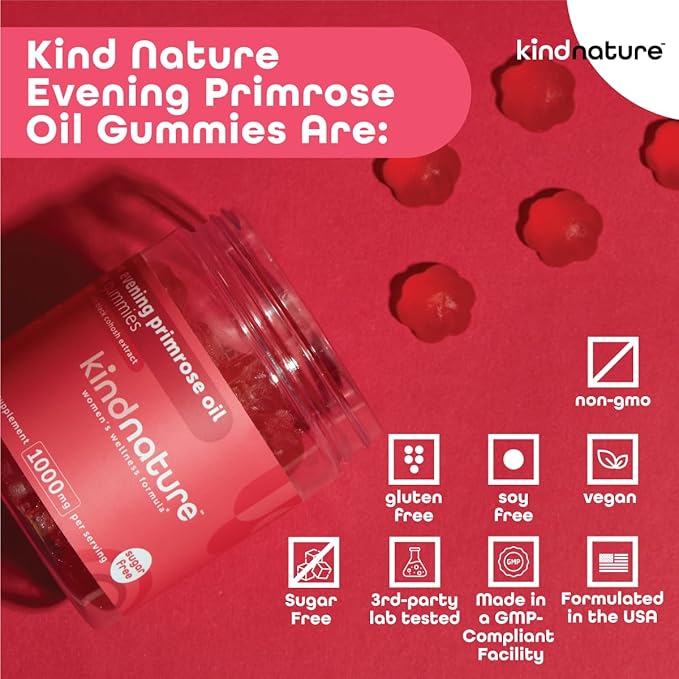 Kind Nature Evening Primrose Oil Gummies for Women – 1000mg with Black Cohosh Extract – Hormonal Balance, PMS & Menopause Support – Vegan, Sugar-Free, Non-GMO