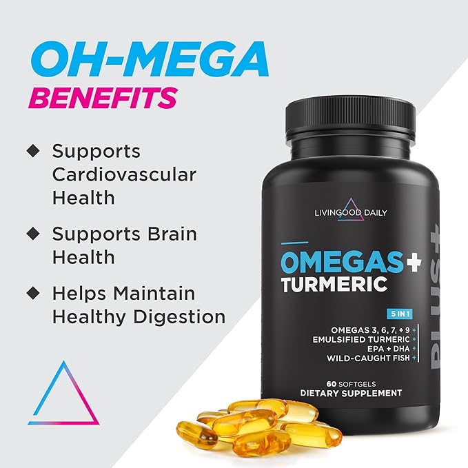Livingood Daily Triple Omega 3 6 9 Supplement Plus Turmeric Curcumin, DHA & EPA, Fish Oil Supplements for Brain & Heart Health and Joint Support, Advanced Absorption, Gluten Free, Non GMO, 60 Softgels