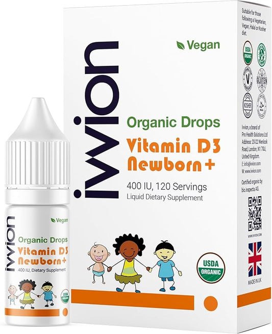 Organic Vegan 400IU, Vitamin D3, 120 Drops – Baby Drop for Infants & Toddlers | USDA Organic, Non-GMO, Plant-Based, No Additives or Preservatives, All Natural, Made in UK