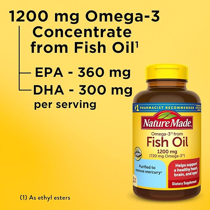 Nature Made Fish Oil Omega 3 Supplements, Omega 3 Fish Oil as Ethyl Esters 1200 mg Softgels, EPA DHA Supplement for Healthy Heart, Brain, Eye Support, One Per Day, 100 Softgels