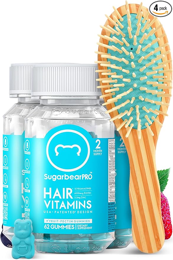 Sugarbear Gentle Detangling Bamboo Hair Brush + Vegan Hair Vitamin Gummies 6 Month Supply, Extra Strength Biotin 6000mcg for Supporting Healthy Straight, Wavy, Curly & Kinky Hair