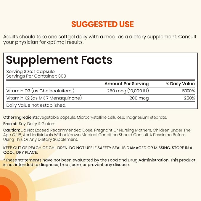 VEV Vitamin D3 K2, 10,000 IU D3, 200mcg K2 (with MK7), Supports Bone and Teeth Health, Dual Nutrient Support for Daily Wellness, Easy to Swallow (Packaging May Vary) – 300 Capsules