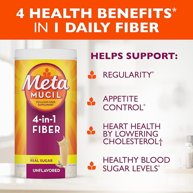 Metamucil, Daily Psyllium Husk Powder Supplement with Real Sugar, 4-in-1 Fiber for Digestive Health, Orange Smooth Flavored Drink, 114 Servings
