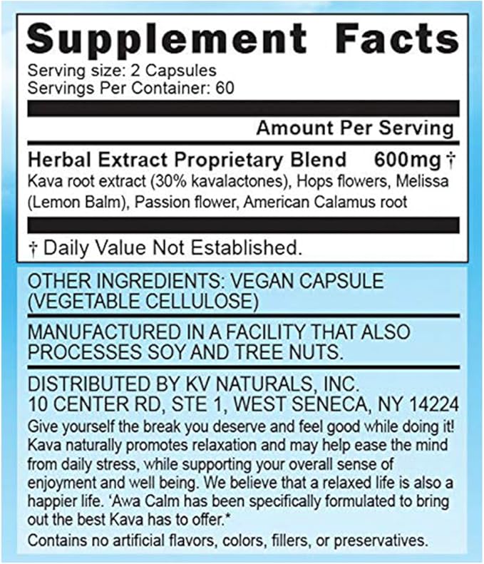 ‘Awa Calm Capsules - Kava-Based Herbal Supplement with 30% Kavalatone, Calamus Root, Passion Flower, Lemon Balm & Hops (120 Capsules)