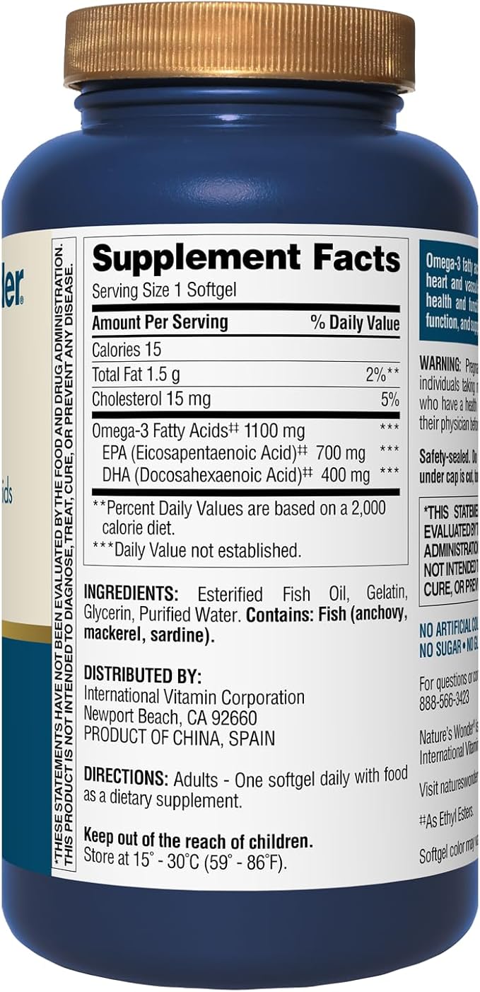 Nature's Wonder Fish Oil 1100mg Omega-3 Fish Oil Supplements for Women and Men, EPA & DHA for Healthy Joints, Heart, Immune System, 120 Day Supply of Softgels