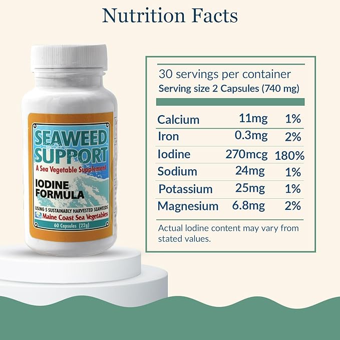 Maine Coast Sea Vegetables Seaweed Support Iodine Formula | Source of Iodine from Seaweed | Daily Use Iodine Supplement | Organic Alaria, Rockweed, Sea Lettuce, Dulse & Bladderwrack blend | 60 Capsule