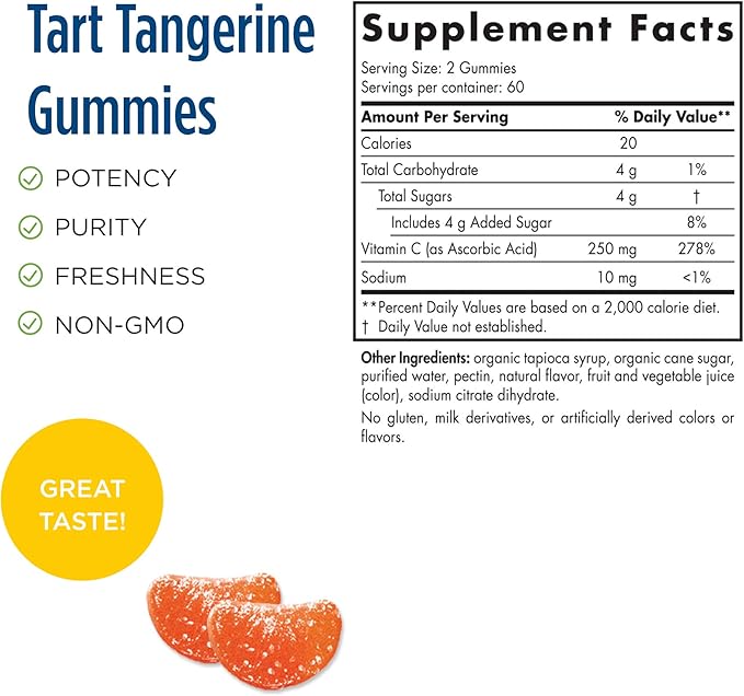 Nordic Naturals Vitamin C Gummies Sport, Tart Tangerine - 120 Gummies - 250 mg Vitamin C - Antioxidant Protection - NSF Certified - Non-GMO, Vegan - 60 Servings