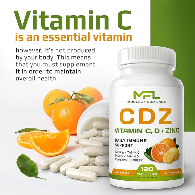 | C D Z | Vitamin C, 1000mg | Vitamin D3, 125mcg | Zinc, 25mg | Non-GMO & Gluten Free | 120 Vegetarian Capsules | 120 Servings