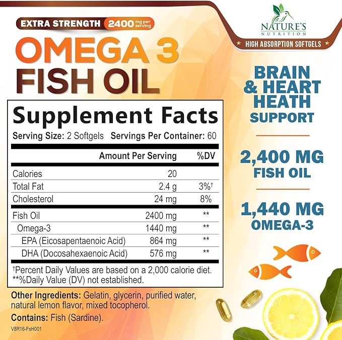 Triple Strength Omega 3 Fish Oil - 2400 mg Natural Omega-3 Supplements Support Brain, Heart & Joint Health with EPA & DHA Essential Fatty Acids - Lemon Flavor, Burpless, Wild Caught - 120 Softgels
