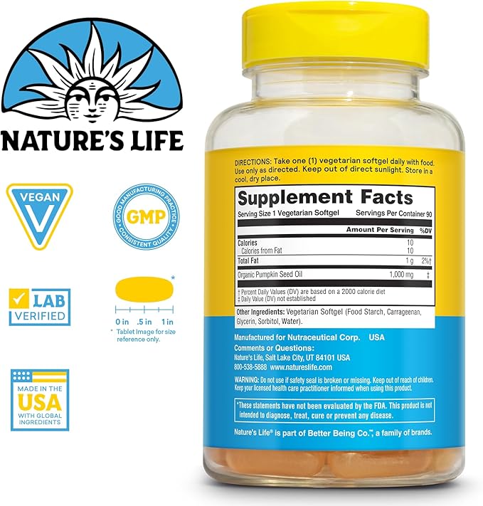 Nature's Life Pumpkin Seed Oil Supplement - Source of Omega 3 6 Essential Fatty Acids and Antioxidants - Cold Pressed from Organic Pumpkin Seeds - Vegan, 60-Day Guarantee, 90 Servings, 90 Softgels