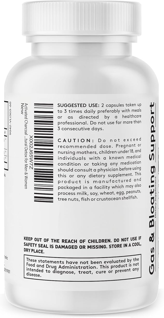 Youth & Tonic Activated Charcoal Pills for Bloating and Gas Relief to Soothe The Stomach and Digestive System Detox with Peppermint & Organic Coconut Oil, for Men & Women - 60 Liquid Capsules
