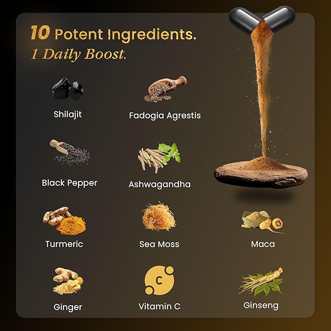 Shilajit Capsules for Men & Women, 16,000mg Pure Himalayan Organic Shilajit Supports Vitality and Wellness,Premium Pure Himalayan Supplement 2 Months Supply, 60 Capsules