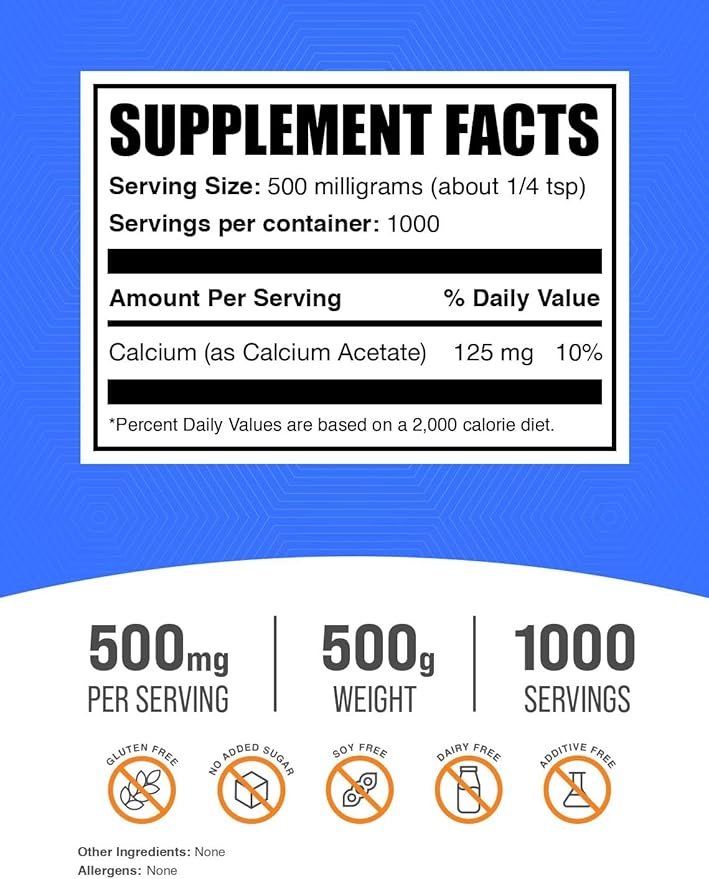 BulkSupplements.com Calcium Acetate Powder - Calcium Supplement - Food Grade & Gluten Free, 500mg (125mg Calcium) per Serving, 500g (1.1 lbs) (Pack of 1)