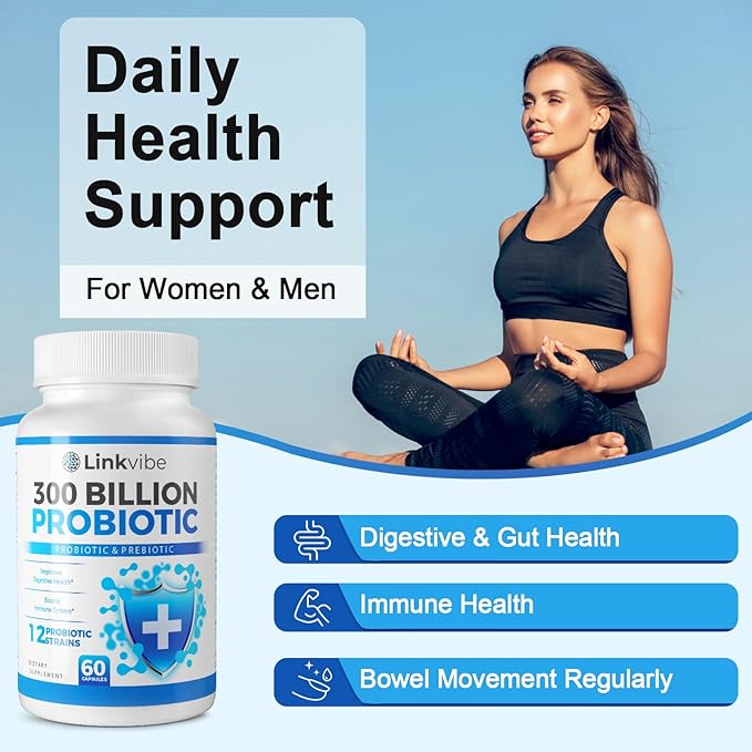 Probiotic 300 Billion CFU - 12 Strains with Organic Prebiotics for Digestive & Gut, Immune, Bloating Health - Probiotics for Women and Men - Daily Dairy Free, Shelf Stable - 60 Counts
