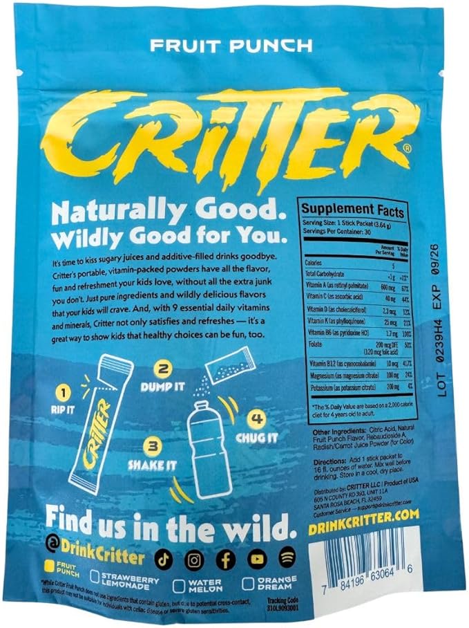 Critter Vitamin H2O – Kids’ Hydration & Multivitamin Drink Mix – Electrolytes, Essential Vitamins, Delicious Natural Flavors – 30 Single-Serve Packets