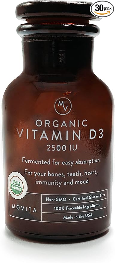 Movita Certified Organic Vitamin D3 2500IU – Supports Energy, Immune Health & Bone Strength – Fermented Whole Foods, Organic, Vegan, Gluten-Free, Non-GMO – 30-Day Supply (Glass Bottle)