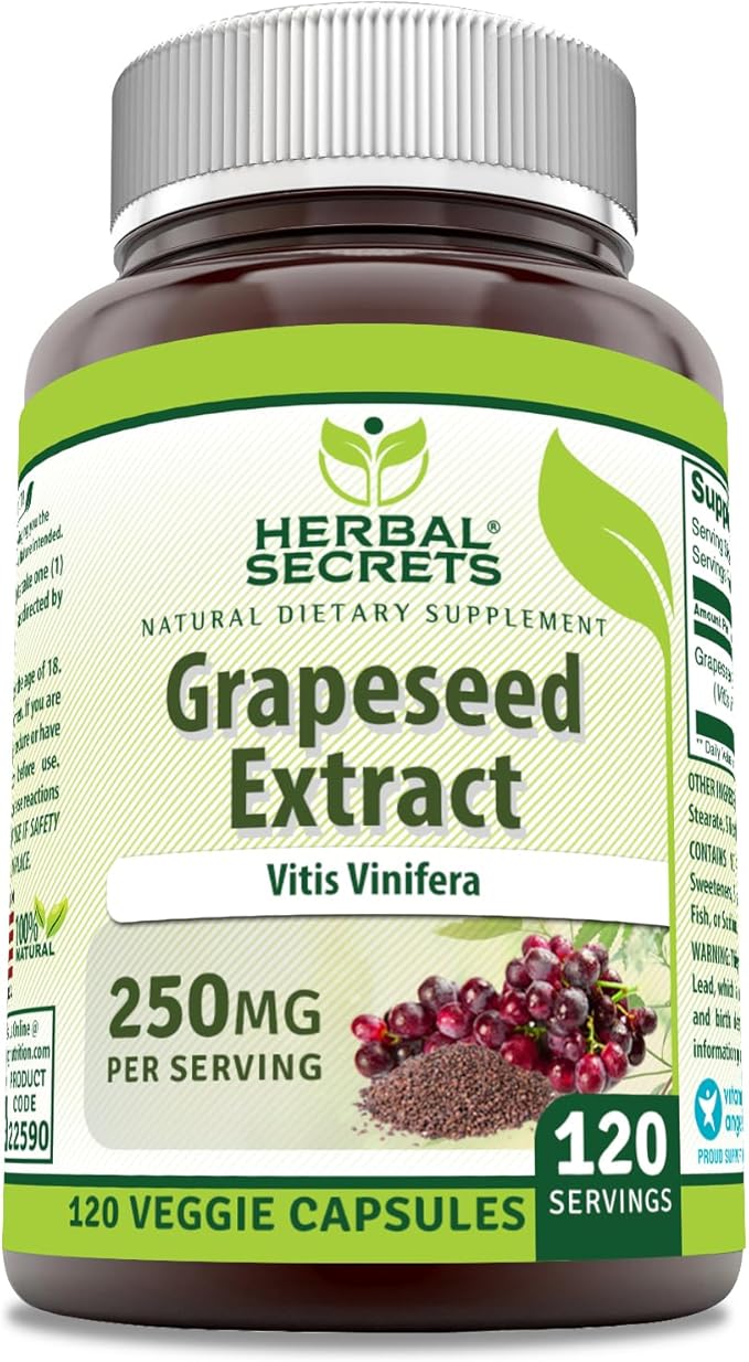 Herbal Secrets Grapeseed Extract Supplement | 250 Mg per Serving | 120 Veggie Capsules | Non-GMO | Gluten-Free | Made in USA