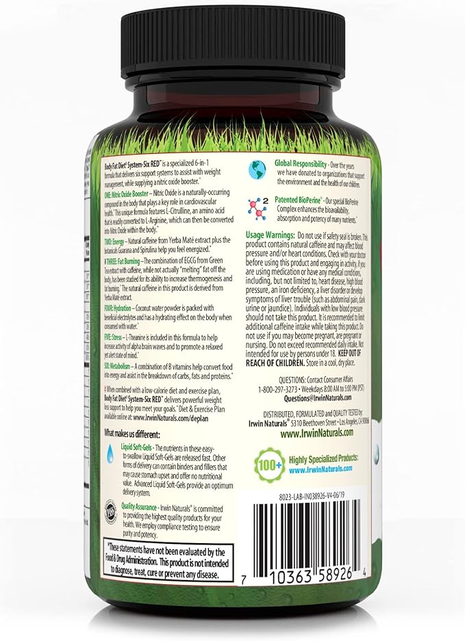 Irwin Naturals Body Fat Diet System-Six RED - 72 Liquid Soft-Gels, 6-in-1 Formula for Weight Management with Nitric Oxide Booster - 24 Total Servings