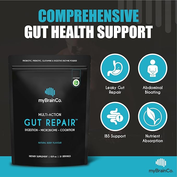 myBrainCo Gut Repair - Gut Health & Digestion Supplement for IBS, Bloating, Reflux & Leaky Gut - Low-FODMAP Certified with Probiotics, Prebiotic Fibre, Digestive Enzymes, Glutamine, Marshmallow (310g)