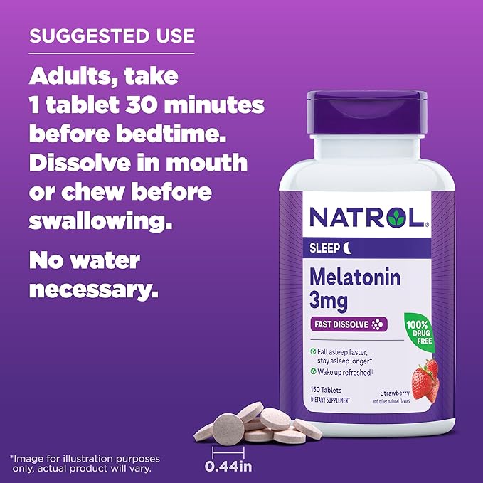 Natrol Melatonin 3mg, Strawberry-Flavored Dietary Supplement for Restful Sleep, 150 Fast-Dissolve Tablets, 150 Day Supply (Pack of 12)