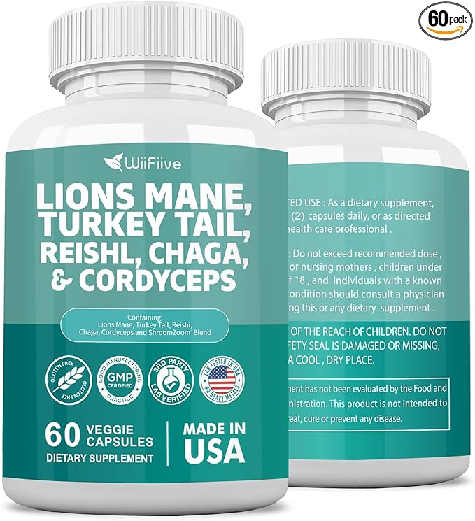 Lions Mane 3000mg Turkey Tail 3000mg Reishl 1000mg Chaga 1000mg Cordyceps Powder Extract Containing Maitaake Shiitake Black Fungus,Brain Supplement, Mineral Supplements, 60 Capsules