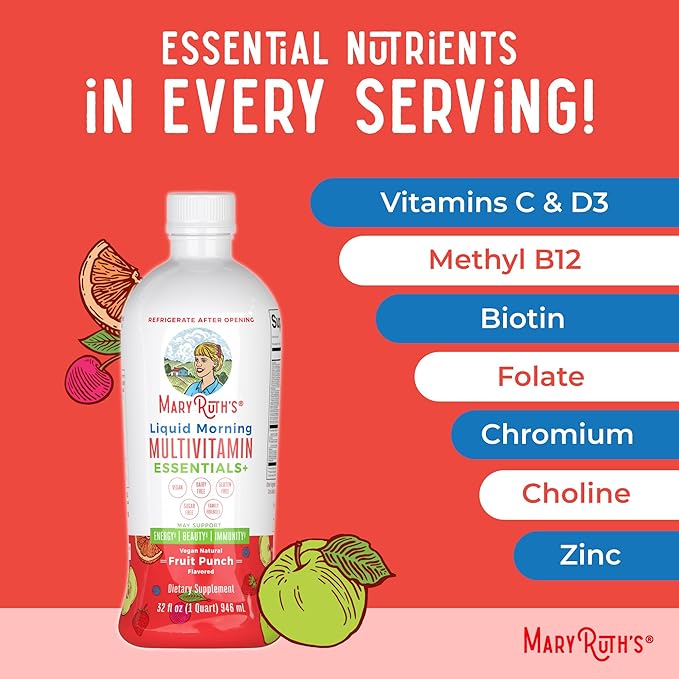 MaryRuth Organics Liquid Morning Multivitamin Essentials+ | Vitamin A C D E B6 B12 Biotin Zinc, Mens Womens Multivitamin, Immune Support, Beauty | Sugar Free | Vitamins for Ages 1+ | Vegan | 32 Fl Oz