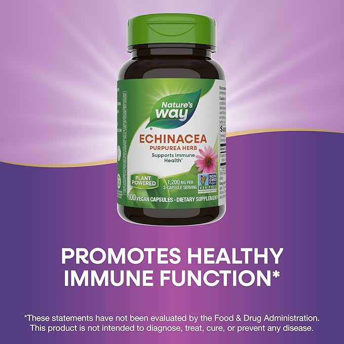 Nature's Way Echinacea Purpurea Herb, Supports Immune Health*, 1200 mg per 3-Capsule Serving, Non-GMO Project Verified, Vegan, 100 Capsules (Packaging May Vary)