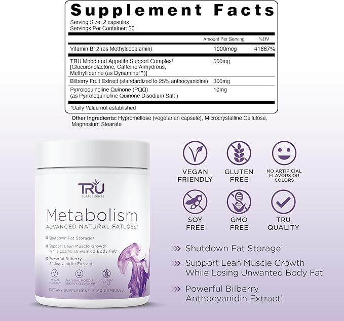 TRU Supplements Metabolism, Advanced Fat Loss, Fight Cravings, Boost Mood, No Jitters or Crash, 30 Servings
