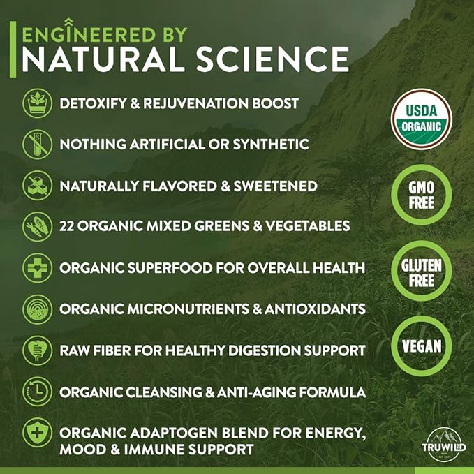 TruWild Greens Superfood Juice Powder, with 22+ Greens & Anti-Oxidants, Green Juice Powder, Natural Immune, Stress, Digestion Support, 40 Servings, 2 Pack