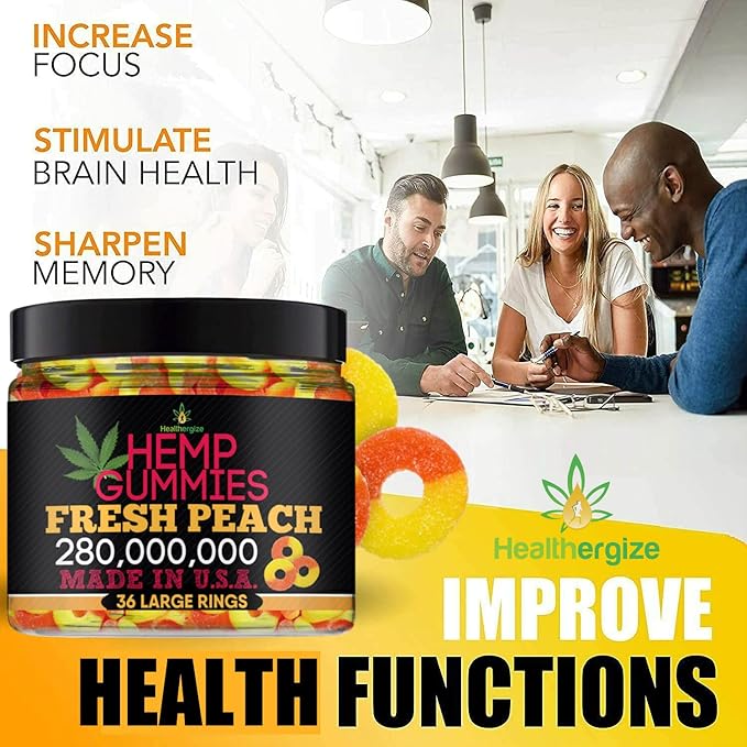 Hemp Gummies for Peace and Relaxation-High Potency Hemp Oil Gummys Peach-Fresh Full Flavor-Natural Hemp Edibles-for Back, Knees, Calm, Sleep, Discomfort-36 Large Rings-Made in USA