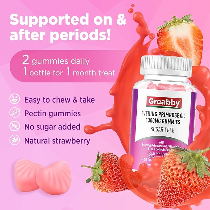 Evening Primrose Oil Gummies 1300mg with Black Cohosh & Vitamin B6, Sugar-Free, PMS Relief Supplements for Women 20-45, Chewable PMS Gummies, Strawberry Flavor, Vegan, Pectin, 60 Count