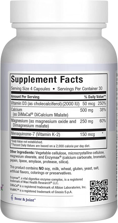 Maxi Health Men and Women 500 mg Calcium Supplement with Vitamin D3 (2000 IU), Magnesium (250 mg) and Vitamin K2 (150 mcg) - Bone, Teeth and Joint Support - 120 Capsules