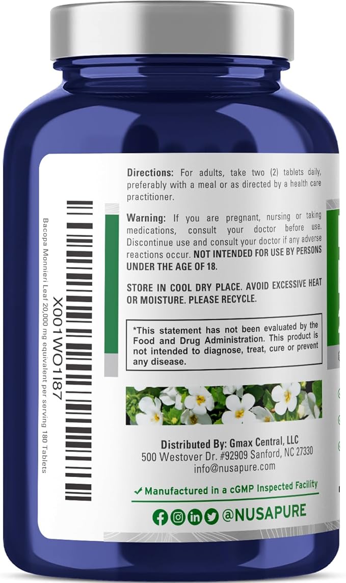 NusaPure Bacopa Leaf Monnieri Extract 20,000 mg 180 Tablets (Extract 20:1, Non-GMO, Gluten Free)
