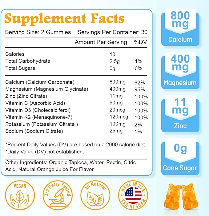 High Absorption Calcium Gummies, Sugar Free Calcium Magnesium Supplement with Potassium Vitamin D3 for Men and Women - Vegan, Orange Flavor 60 Cts