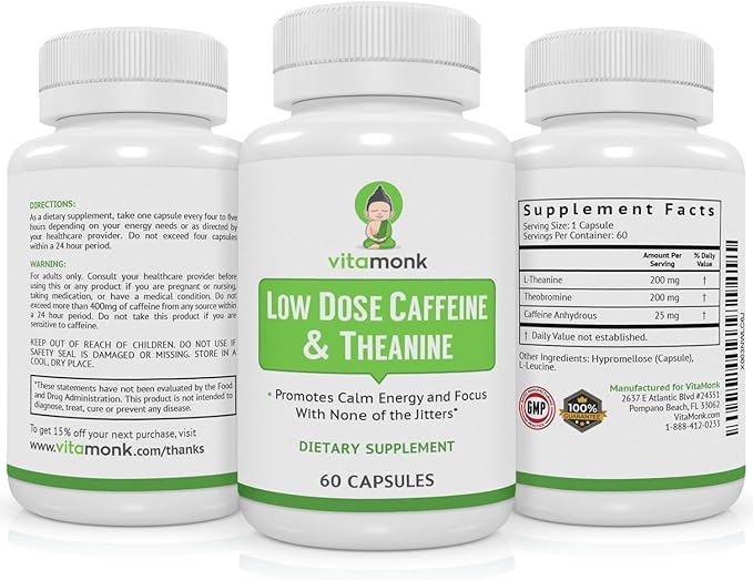 VitaMonk Low Dose Caffeine and Theanine - No Jitters, No Crash- Microdose of Caffeine L Theanine Pills with Caffeine Theanine and Theobromine - 25mg of Caffeine, Caffeine Pills L Theanine - 60 Caps