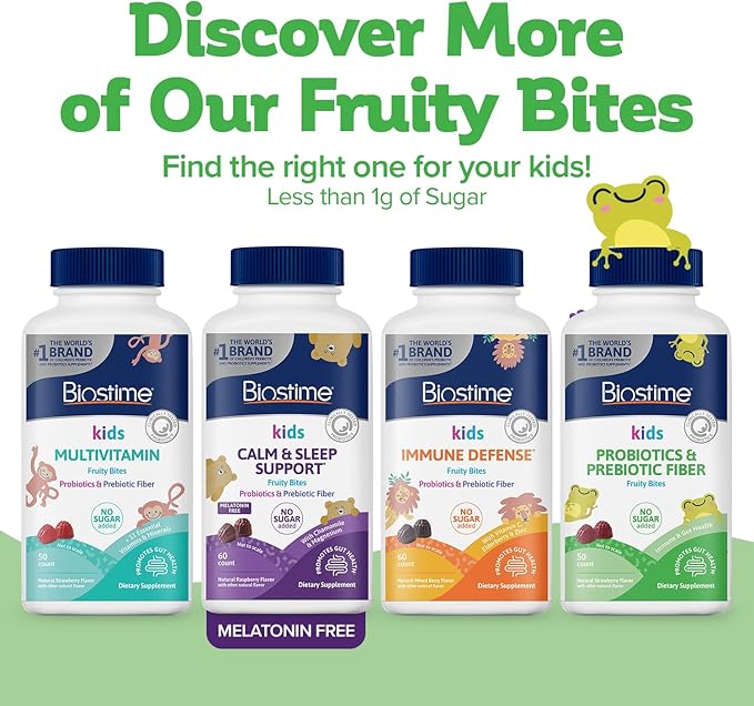 Biostime Kids Prebiotic & Probiotic Gummies (Ages 4+) | Probiotics for Kids | Includes 2 Billion CFU to Support Digestive Health| No added sugar Fruity Bites | Free from Top 9 Allergens |50 Count
