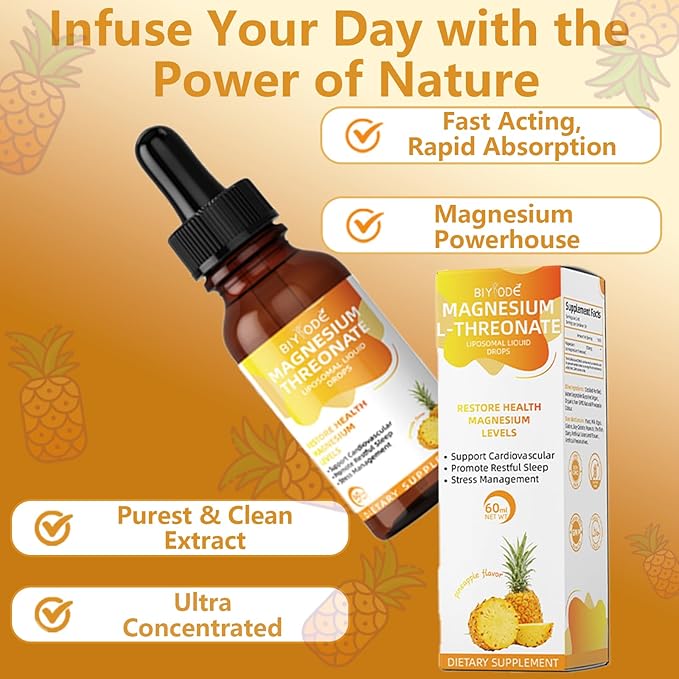 Magnesium L-Threonate Liquid Drops Restore Health Magnesium Levels Support Cardiovascular Promote Restful Sleep Relax Pineapple Flavor 60ml