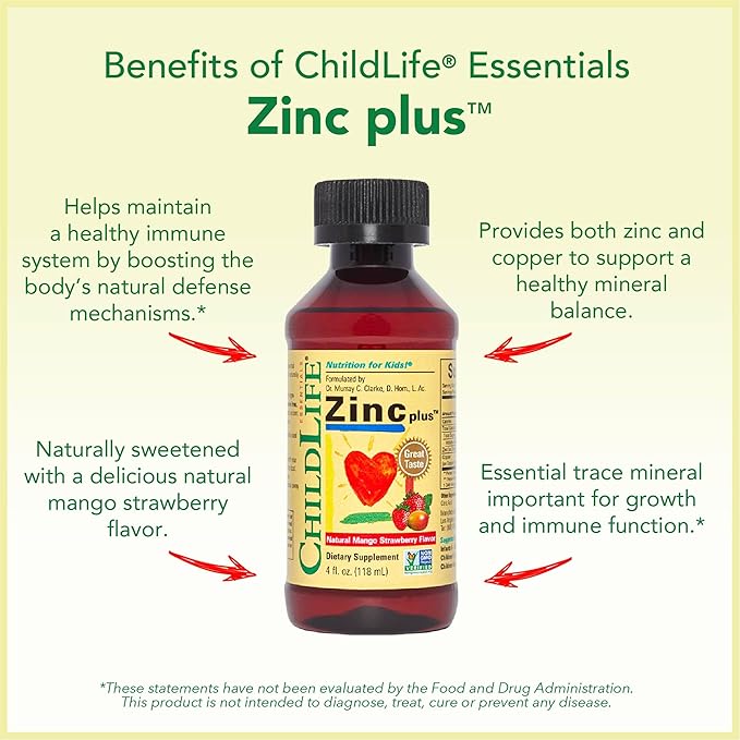 CHILDLIFE ESSENTIALS Liquid Zinc Plus - Zinc for Kids, Zinc Supplements, Zinc Drops, Pure Zinc Liquid, Toddler Zinc, Zinc Gluconate & Copper, Immune Support - Mango Strawberry, 4 Fl Oz (Pack of 3)