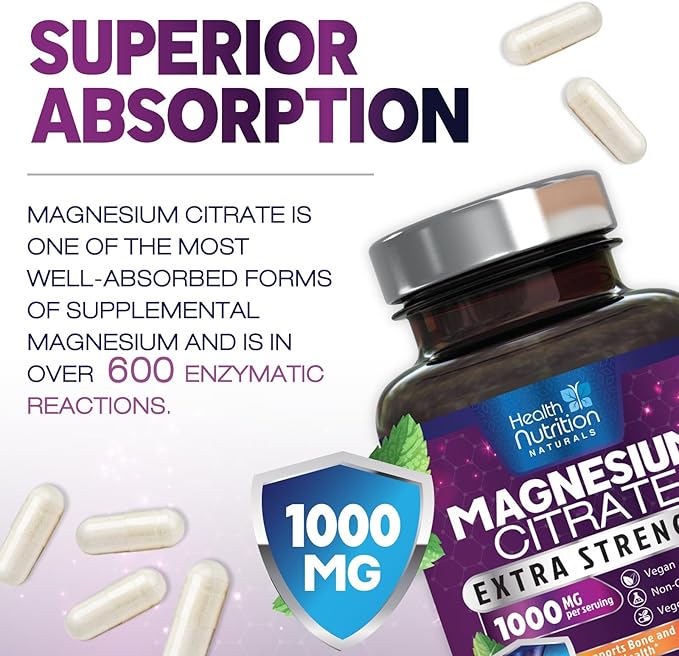 Magnesium Citrate Capsules 1000mg - Max Absorption Magnesium Powder for Muscle, Nerve, Bone and Heart Health Support, High Absorption Citrate Complex, Gluten Free, Non-GMO - 240 Capsules