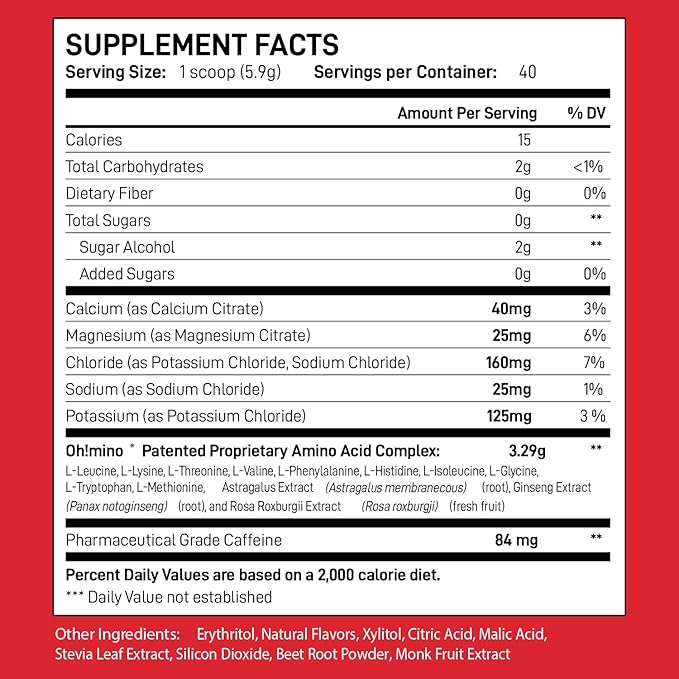 Oh!mino Amino Acids for Muscle Gain - BCAAs Amino Acids Powder Supplement for Pre & Post Workout - Caffeinated, Non Dairy, Vegan, Zero Sugar & Net Carbs - 40 Servings (Tropical Splash)