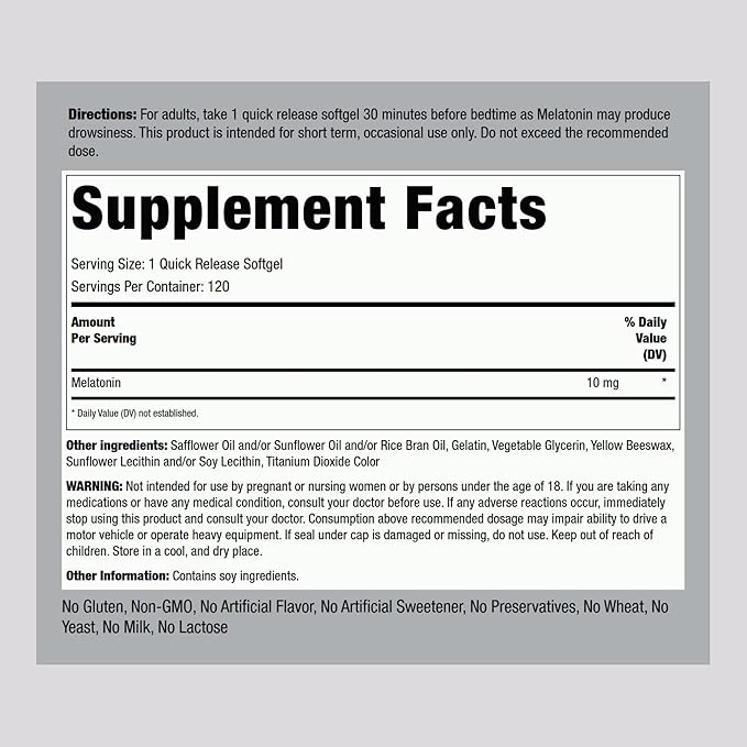 Piping Rock Melatonin 10mg | 120 Softgel Capsules | Quick Release Supplement | Non-GMO, Gluten Free