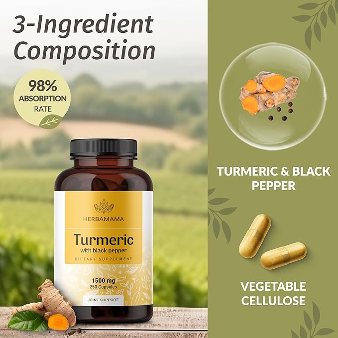 HERBAMAMA Curcumin Turmeric Capsules - 1500mg Curcuma Longa and Black Pepper Extract for Uric Acid & Digestive Support - Vegan, Non-GMO Turmeric Antioxidant Supplement, 250 Caps