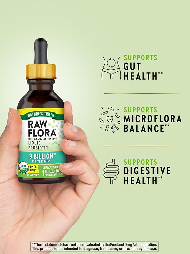Nature's Truth Raw Flora USDA Organic Liquid Probiotic | Doctor Formulated | 25 Billion Live Strains | Vegan & Gluten Free Supplement for Men and Women