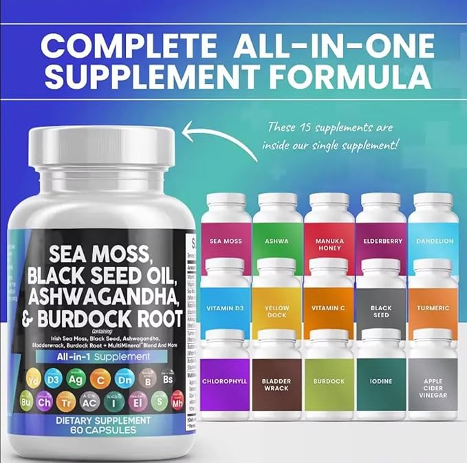 Sea Moss, Black Seed Oil, Ashwagandha, Burdock Root Supplement, 60 Capsules