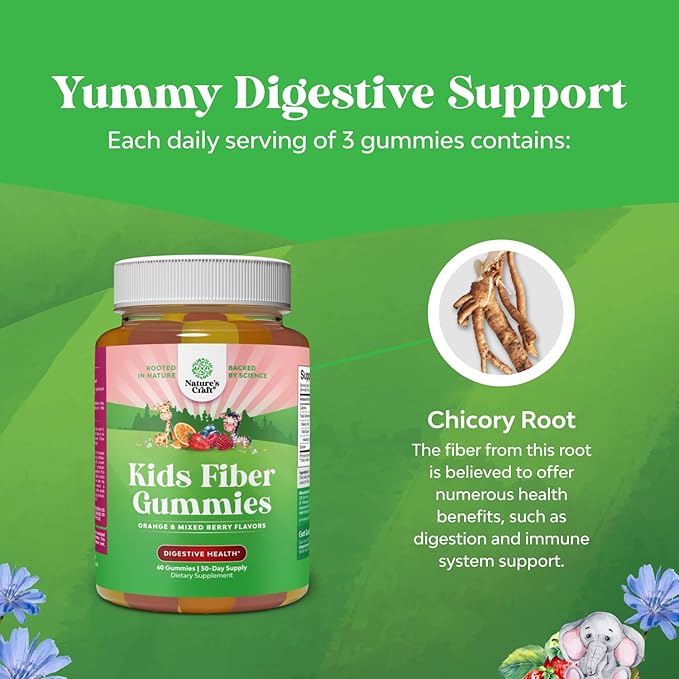 High Prebiotic Fiber Gummies for Kids - Dietary Fiber Supplements for Digestion & Constipation - Chicory Root Kids Immune Gummies - Non-GMO & Vegan Digestive Nutritional Supplements - 60 Count