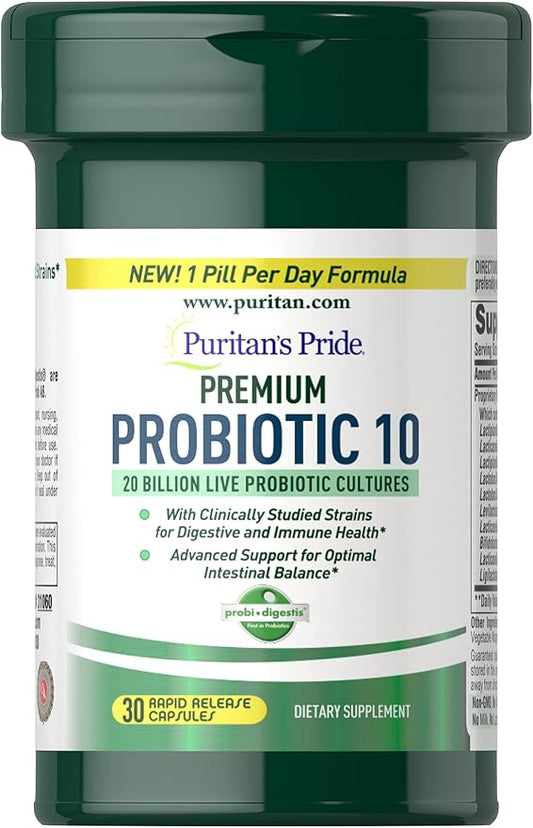 Puritan's Pride Premium Probiotic 10, 20 Billion CFU Clinically Studied Culture Strains, Dietary Supplement for Digestive, Gut, and Immune Health, 1 Month Supply, 30 Rapid Release Capsules