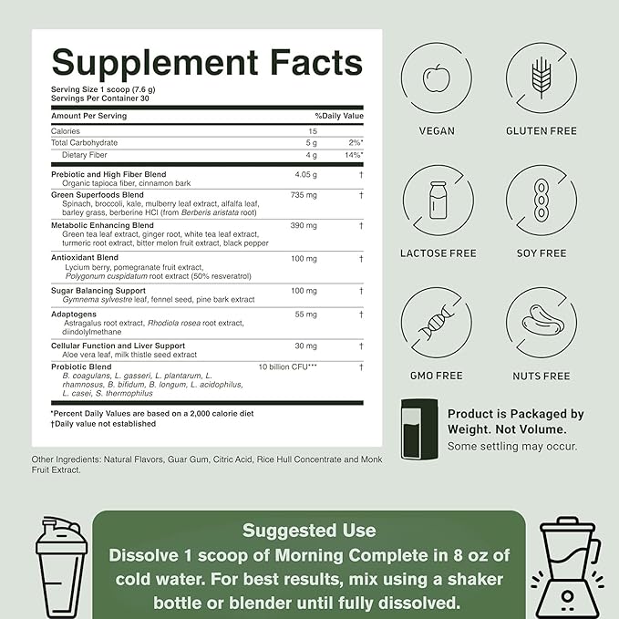 ACTIVATEDYOU Morning Complete Daily Wellness Greens Superfood Drink Mix for Gut Health w/Prebiotics, Probiotics, Antioxidants, Green Superfoods, 10 Billion CFUs, 30 Servings (Apple Cinnamon)
