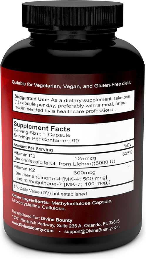 Vitamin K2 (MK7 & MK4) with D3 Supplement - Vitamin K & D as MK-7 100mcg, MK-4 500mcg, and 5000 IU Vitamin D3 3-in-1 Formula - Bone and Heart Support - 90 Non-GMO Vegetarian Capsules