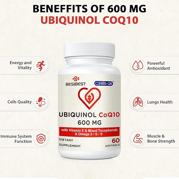 Ubiquinol CoQ10-600mg-Softgel, Active Coq10 Ubiquinol Supplement with Vitamin E & Omega 3, 6, 9, High Absorption-Coenzyme-Q10, Powerful Antioxidant for Energy Production, Tested, 180 Count