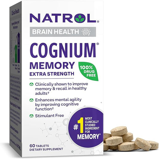 Natrol Cognium Memory Extra Strength Silk Protein Hydrolysate 200mg, Dietary Supplement for Brain Health and Memory Support, 60 Tablets, 30 Day Supply